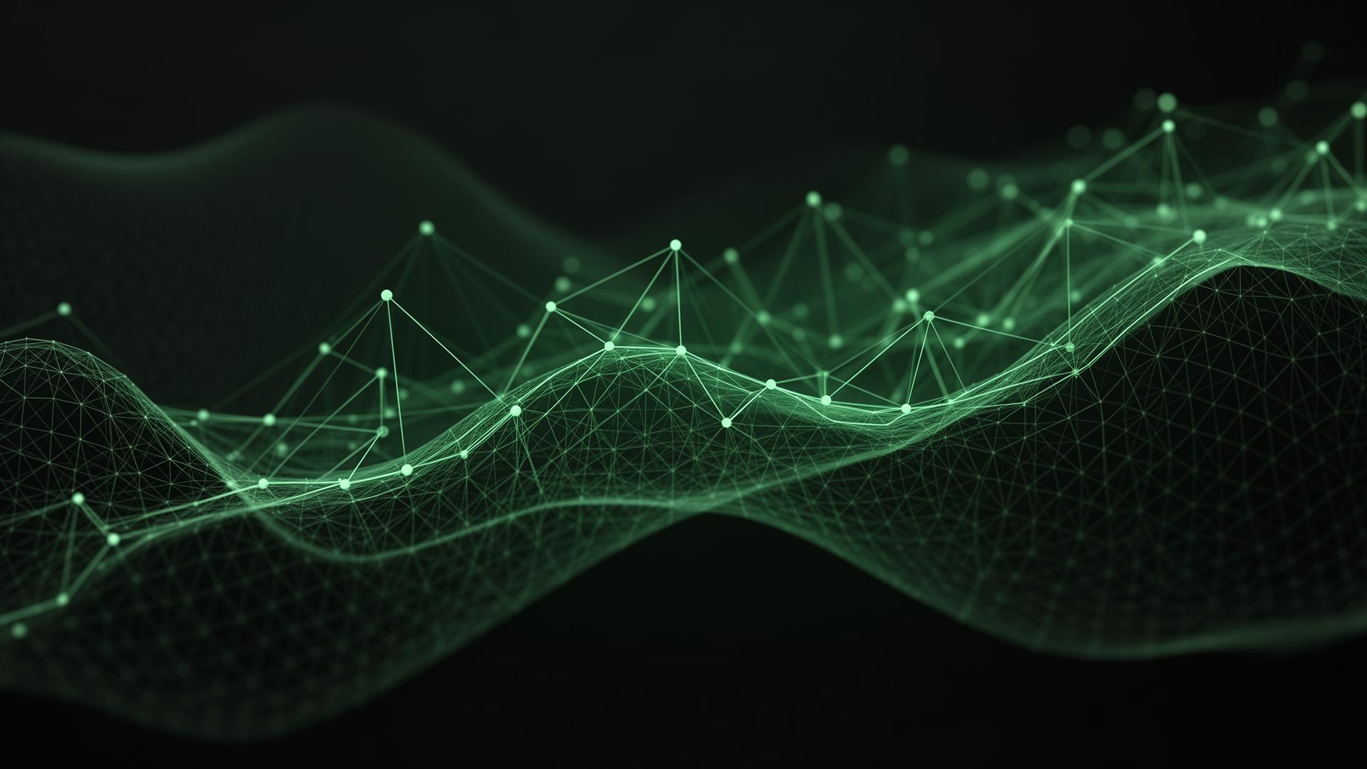 Visualización abstracta de una red de datos en tonos esmeralda y grafito, representando la transformación digital empresarial